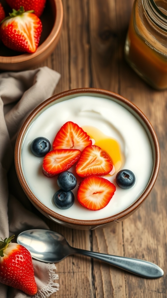 Homemade Yogurt with Powdered Milk Recipe A bowl of creamy yogurt with fruits and honey on a rustic wooden table.